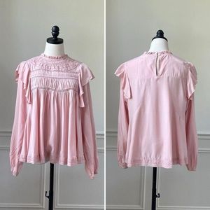 Grace-Karma Pink Swing Blouse Boho Tunic Ruffled Stitching Ballon like Sleeves
